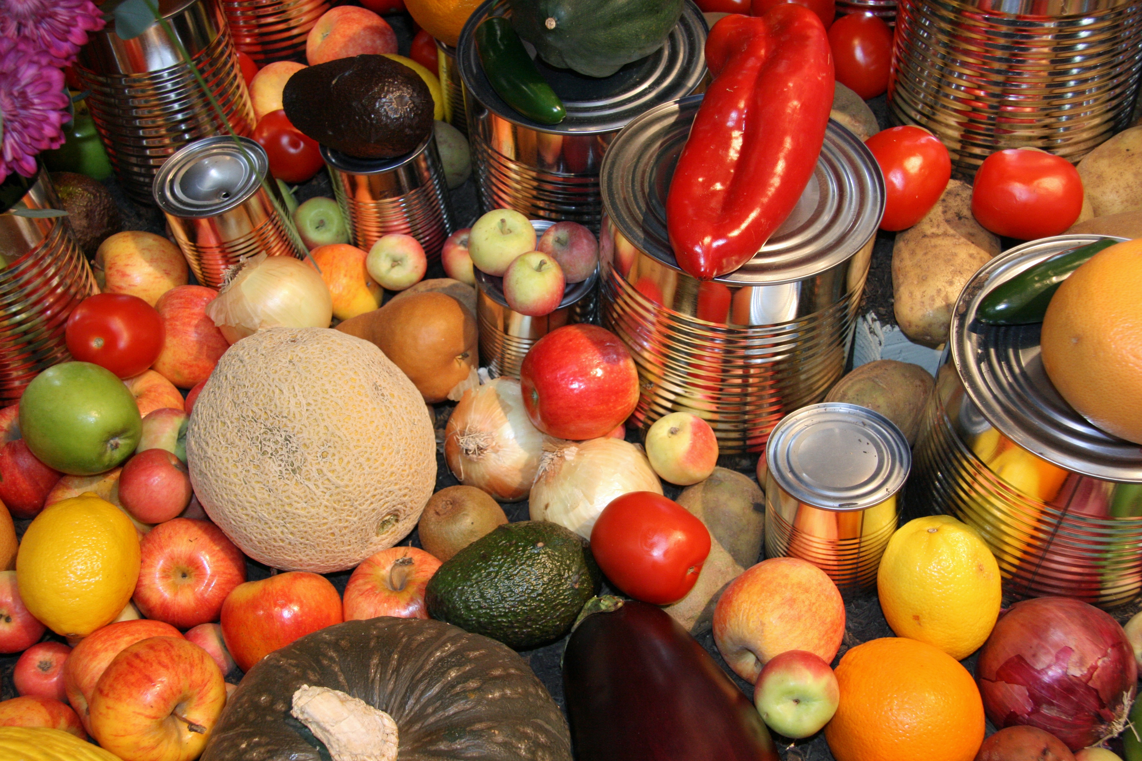 Colorful assortment of fresh fruits, vegetables, and stacked canned goods