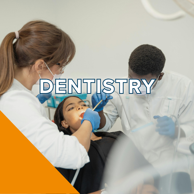 Dental clinic photo showing dentist and assistant treating a reclining patient, "DENTISTRY" overlay