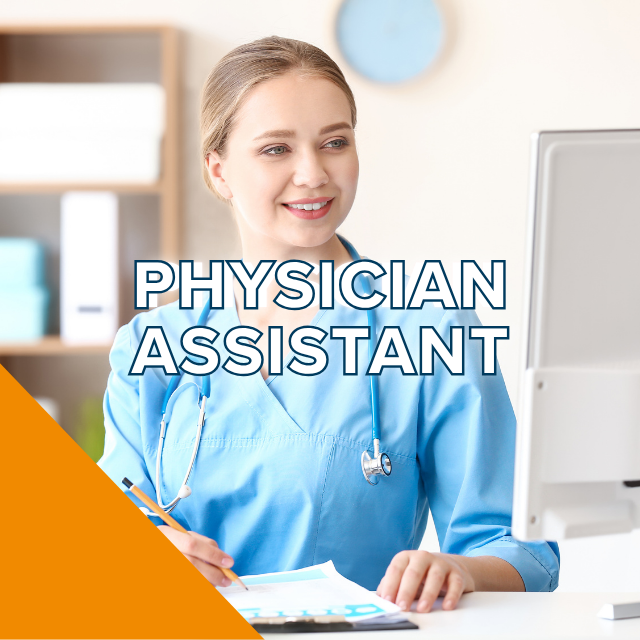 Smiling female physician assistant at desk with stethoscope, monitor and orange corner graphic