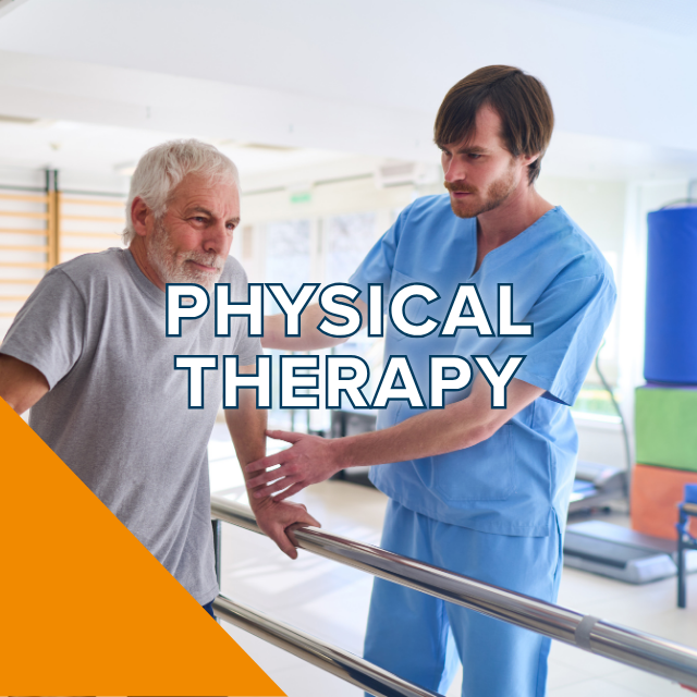 Older man using parallel bars, male therapist assisting in clinic