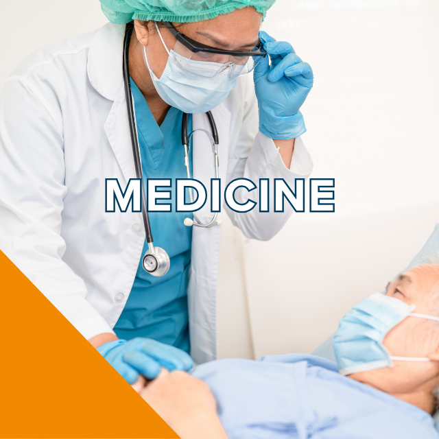 Doctor in mask checking masked elderly patient in bed; 'MEDICINE' text and orange graphic