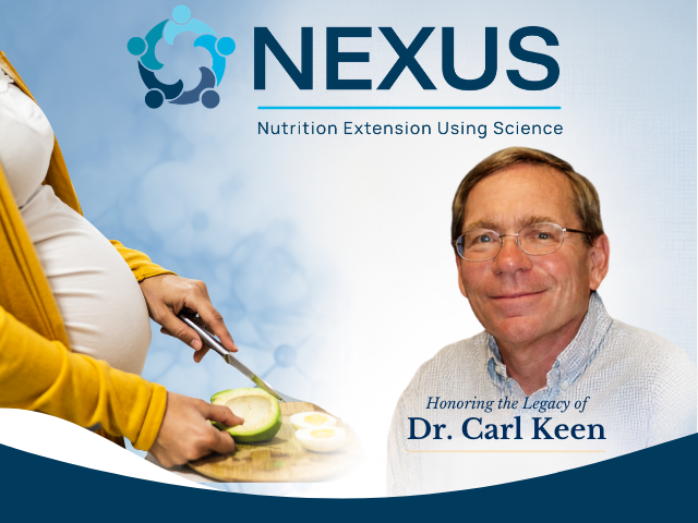 NEXUS logo, pregnant woman with stethoscope and photo portrait of Dr. Carl Keen
