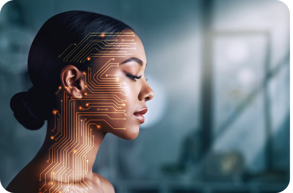 Side-profile portrait of woman with glowing circuit lines on her face, serene expression