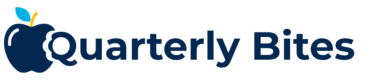Quarterly Bites logo: stylized blue apple with yellow leaf and navy text