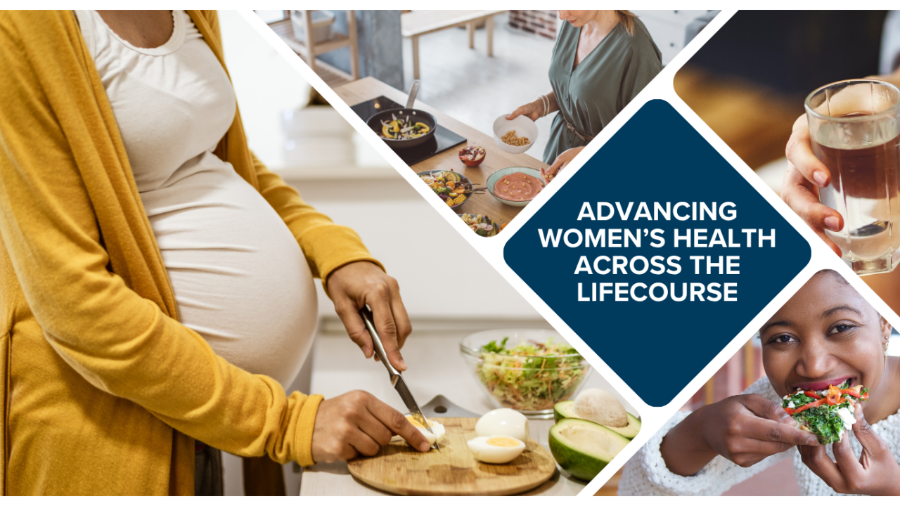 Collage: pregnant women, infant, clinician consult and hands with medication