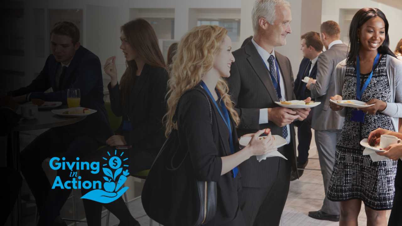 People networking at a professional reception, conversing with drinks; blue 'Giving Advice' logo.