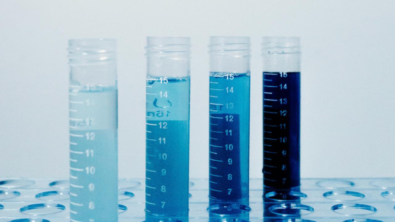 Four clear lab tubes in a rack holding gradient blue solutions from light to dark