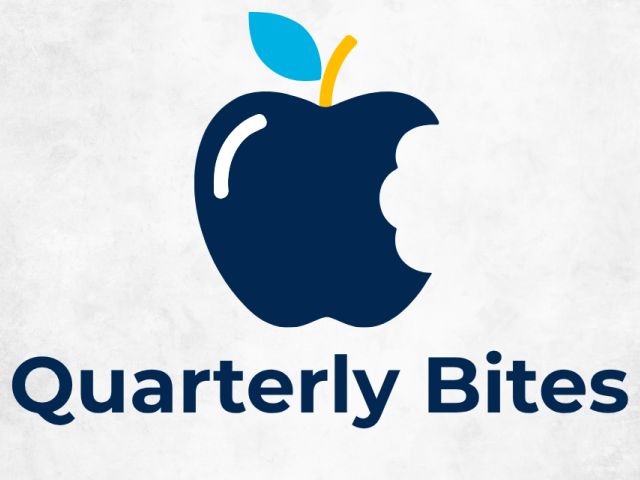 Quarterly Bites logo: navy bitten apple with teal leaf and yellow stem