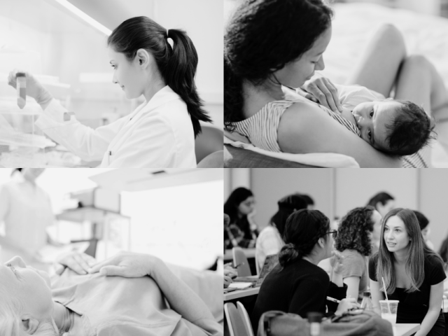 Black-and-white photo collage of women: scientist, mother nursing, prenatal scan, students