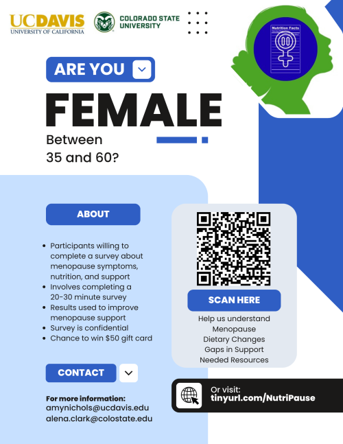 Recruitment flyer with UC Davis logos: "Are you female between 35 and 60?" blue design and QR code