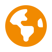 Graphic: orange globe icon with simplified continents on black background