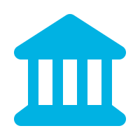Blue classical bank icon with triangular roof and three columns