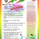 Colorful flyer graphic: comic-style family superheroes, quiz title, parent-child scene.