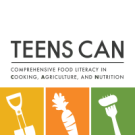 TEENS CAN logo with shovel, carrot, and fork icons in orange and green panels.