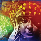 Colorful digital artwork of a woman in a dotted headwrap with paint splashes