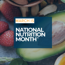 Fresh fruits, vegetables, and eggs arranged around a logo for National Nutrition Month.