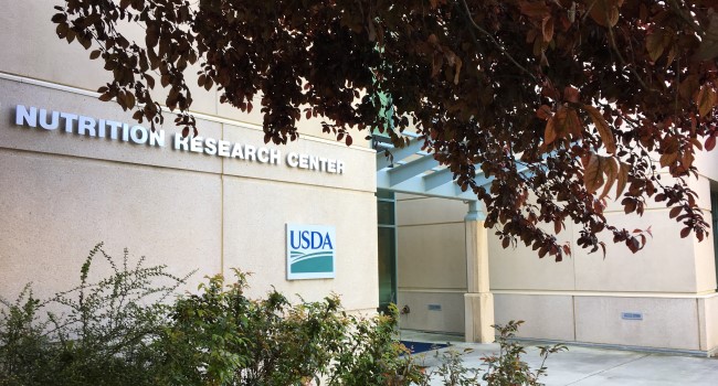 Beige Nutrition Education Center entrance with USDA sign and red-leafed tree